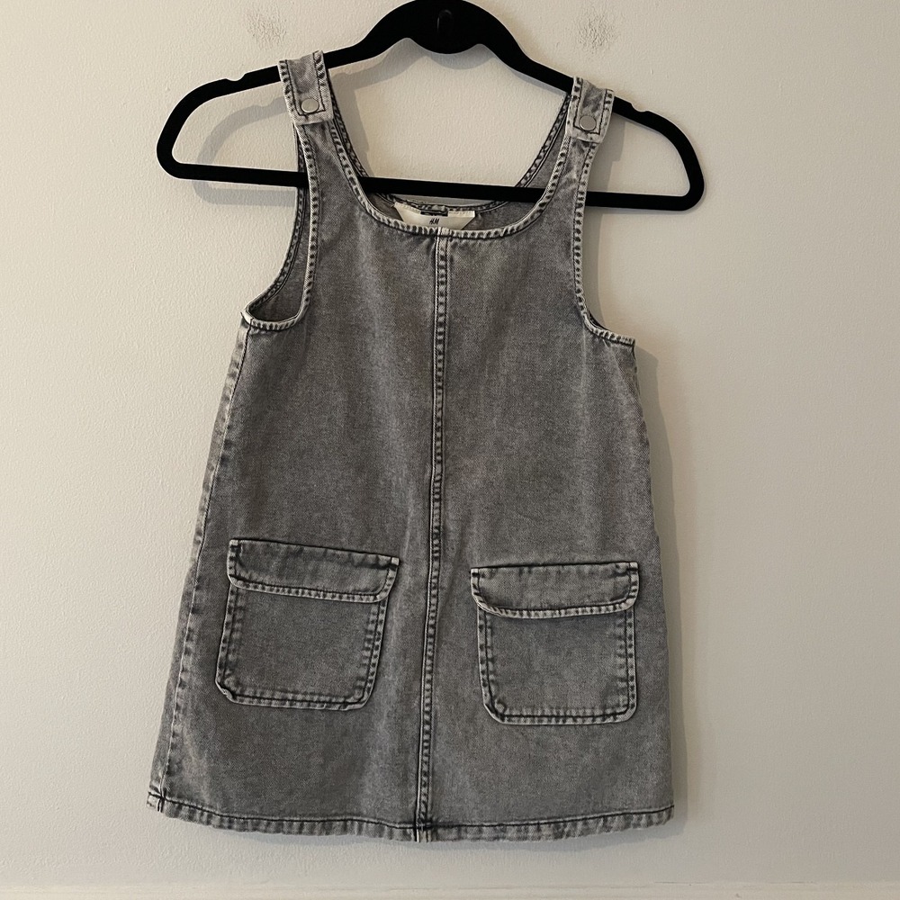 H&M‎ Girls Size 7 Denim Overall Dress Gray Black Acid Wash Pockets 100% Cotton